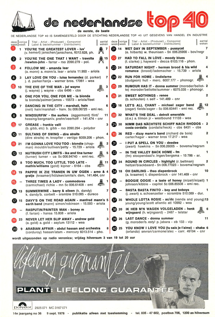 LIJST 'DE HISTORISCHE TOP40 OP VERZOEK' - 9 SEPTEMBER 1978 LIJST 'DE HISTORISCHE TOP40 OP VERZOEK' - 9 SEPTEMBER 1978