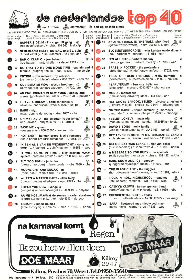 LIJST 'DE HISTORISCHE TOP40 OP VERZOEK' - 16 FEBRUARI 1980 LIJST 'DE HISTORISCHE TOP40 OP VERZOEK' - 16 FEBRUARI 1980